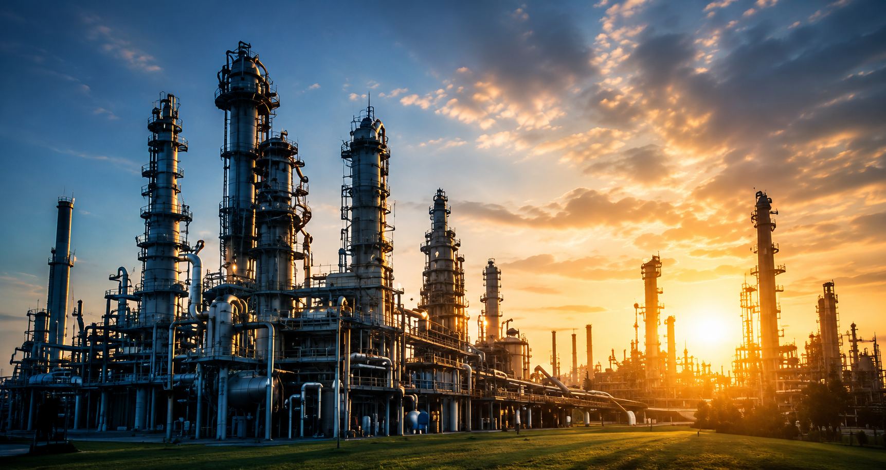 Industrial manufacturing plant at sunset representing industrial business growth and digital marketing for manufacturing companies.